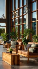 Elegant modern hotel lobby with floor-to-ceiling windows, tan leather armchairs, geometric pendant lights, and lush green plants creating warm inviting atmosphere in upscale hospitality space