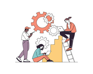 Diverse Team Collaboration on Project Using Laptops and Tablets