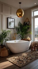 Elegant modern bathroom with freestanding white bathtub, gold pendant light, tropical plants, patterned rug and natural elements creating luxurious spa-like atmosphere in contemporary home interior