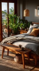 Peaceful modern bedroom with wooden furniture and lush green plants by balcony door, featuring cozy bed with gray and orange pillows, woven pendant light, wooden bench with coffee cup in warm sunlight