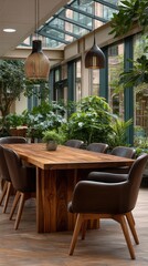 Serene modern dining space with wooden table and leather chairs in plant-filled conservatory with glass ceiling and pendant lighting, interior design inspiration