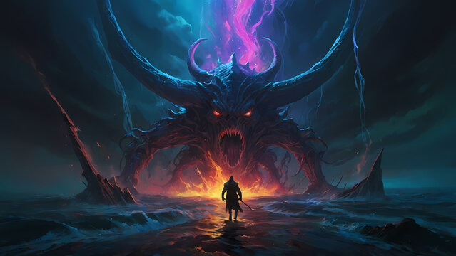 A 3D montage of a boss fight unfolds amidst the chaos of battle. Generative AI