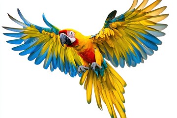 Obraz premium Vibrant yellow and red macaw parrot with striking blue wings soaring gracefully in a lush, tropical environment during the early morning light