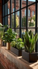 Serene indoor plants arranged on wooden windowsill with black-framed windows overlooking brick building, creating stylish urban loft atmosphere with natural greenery in modern planters