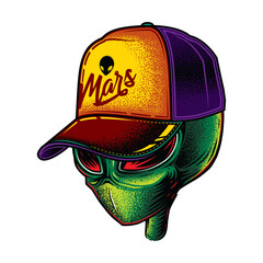 Original illustration. Alien in a cap. T-shirt design. Design elements.