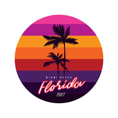 Vintage round sunset in 80's style. Design element.