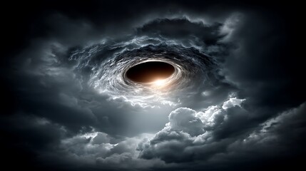 the image portrays a dramatic, swirling sky formation with a central dark vortex