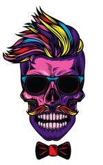 Original illustration in vintage style. Hipster skull with fashionable hairstyle, mustache and glasses. T-shirt design, design element.