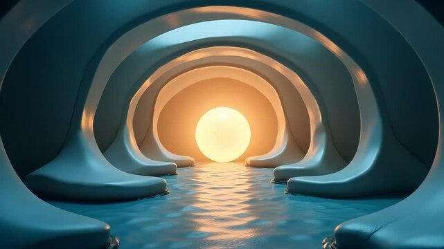 Futuristic sci-fi tunnel with glowing sun sphere, cinematic organic corridor over water, surreal architectural interior with teal and orange lighting