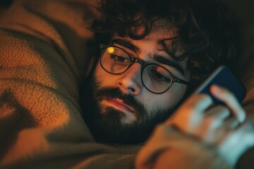 Anonymous man uses smartphone while relaxing in bed at home during nighttime, creating a cozy ambiance with soft lighting and warm blankets