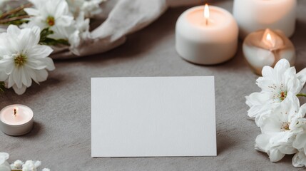 a blank card and white flowers on the table with candles in the background, a mockup template