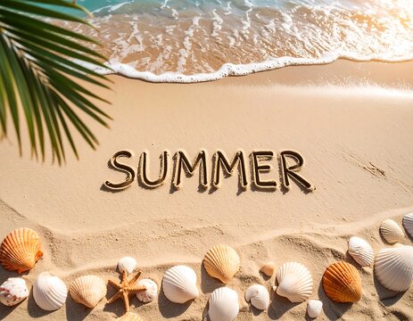 Summer beach scene with sand inscription