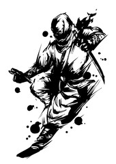 Shadow of the Ninja - Japanese Ink Painting in Sumi-e Style © SUZUKI