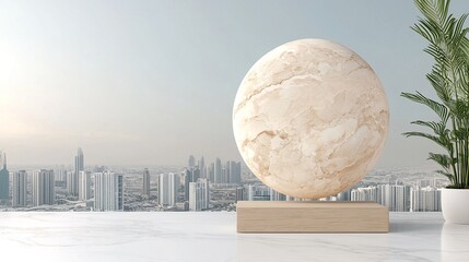 Beige Marble Sphere Levitating Above White Floor Against Cityscape