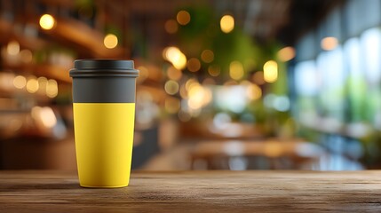 Yellow Coffee Cup on Wooden Table in Cozy Modern Cafe with Warm Ambient Lighting.