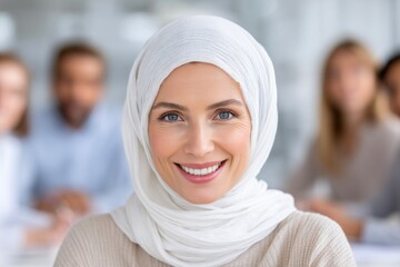 Professional Woman in Hijab Smiling in Corporate Meeting