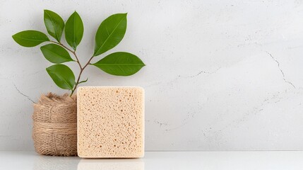 Beige Plant Based Sponge Next to Bar Soap and Jute Cloth