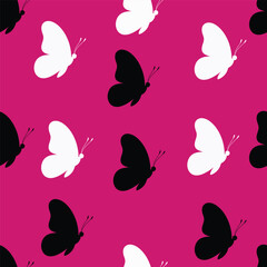 A lively repeating pattern featuring black and white butterflies against a vibrant fuchsia background. This eye-catching design is perfect for textiles, stationery, and any project that needs a bold.