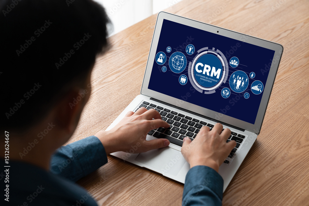 Aufkleber customer relationship management system on modish computer for crm business and enterprise