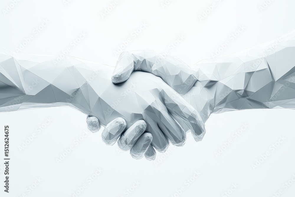 Poster minimalist handshake transforming into polygon design symbolizing unity and innovation in modern com