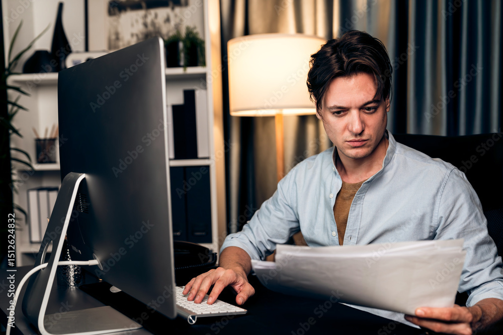 Poster smart businessman typing with keyboard on monitor with business paragraph dynamic data marketing ana