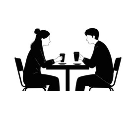 The husband and wife silhouette are sitting at the table, a couple enjoying a quiet outdoor moment with a white background

