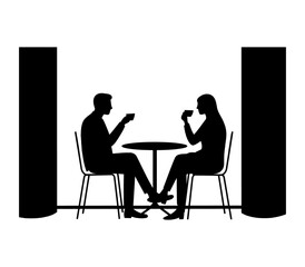 The husband and wife silhouette are sitting at the table, a loving couple meeting outdoors with a white background


