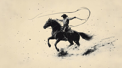 Retro inspired artwork of a cowboy riding a horse, throwing a lasso in the air, presented in black ink on beige paper for a classic and modern look.