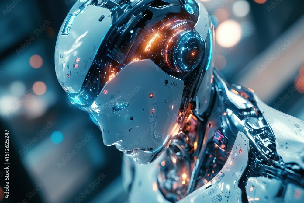 Poster futuristic ai android showcasing advanced technology in a high-tech urban environment during twiligh
