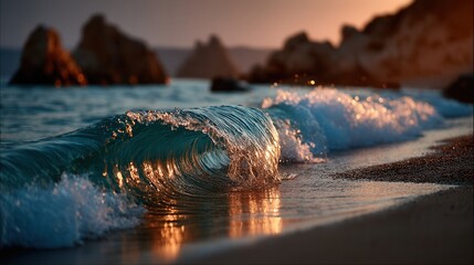 Tranquil ocean wave curling at sunset on rocky beach shore with golden light illuminating water droplets against dramatic coastal cliff backdrop in nature photography