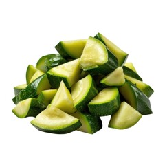 Freshly Cut Zucchini Pieces Stacked on a White Background, Ready to Cook
