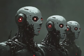 Cyborg mutants standing in a dystopian environment, showcasing advanced technology and enhancements in a dark, mysterious setting