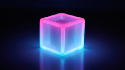 Illuminated cube with vibrant pink and blue neon lighting effect