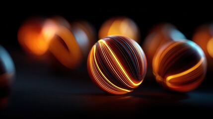 Vibrant glowing spheres with colorful light streaks against black background, abstract digital art concept for technology, energy, or futuristic design with dramatic lighting effects