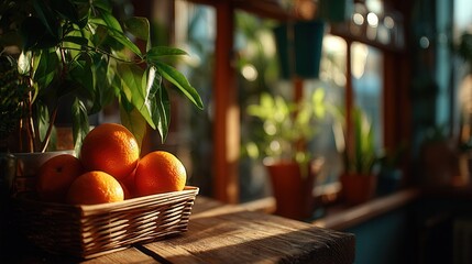 Warm fresh oranges in wicker basket beside green houseplant on wooden table in sunlit room with blurred potted plants background, cozy home interior with natural light
