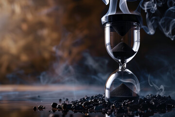 Hourglass with black sand, engulfed in smoke. Time running out concept with a dramatic flair. Deadline nearing, urgency, suspense.
