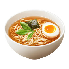 Bowl of ramen with egg, nori, and fresh herbs, served in white bowl, showcasing cozy and inviting noodle soup with clear broth