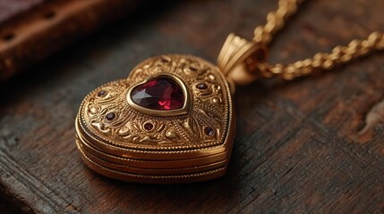 Elegant vintage gold heart locket with deep red ruby gemstone on gold chain resting on rustic wooden surface, showcasing intricate filigree details and romantic jewelry craftsmanship