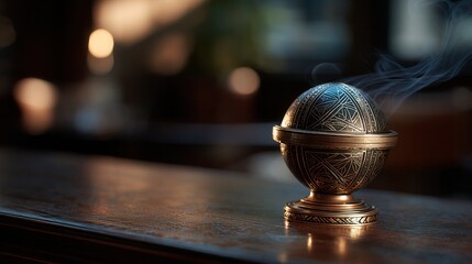 Mystical antique brass incense burner with rising smoke on wooden surface in dimly lit room, traditional spiritual decor with intricate geometric patterns and soft bokeh background free copy space