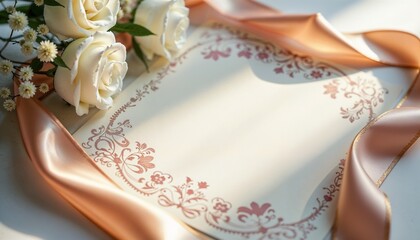  Ornate Stationery Card and White Roses, Romantic Elegant Style, Cream Pink and White, Wedding Invitation or Special Occasion Announcement with Ribbon and Sunlight [with copy space]