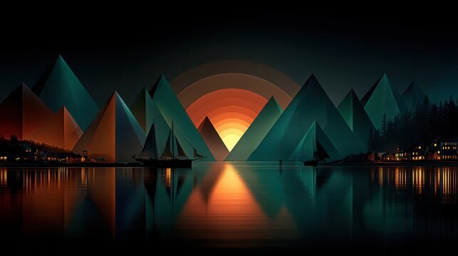 Serene digital landscape with geometric mountains and vibrant sunset reflection over calm water, featuring silhouetted sailboats and distant village lights in modern minimalist art style