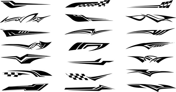 Hood rally racing stripes icon vector set. Racing stripes illustration sign collection. Racing car sticker symbol or logo.
