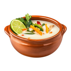 Clay bowl of Thai coconut soup garnished with lime, chili, and fresh herbs, showcasing vibrant colors and creamy texture, perfect for comforting meal
