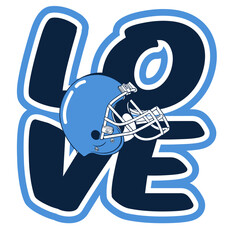 “Love” written in bold rounded letters with a football helmet player  the center of the word. Sports graphic design for fans, with light blue and navy blue colors, perfect for football enthusiasts	