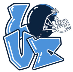 LOVE lettering featuring a football player helmet as the “O”, in sky blue and navy blue tones. A bold, urban style perfect for sports-inspired street art and graffiti.