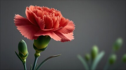 Vibrant coral pink carnation flower in full bloom against dark gray background with green stem and unopened bud, dramatic studio lighting for floral photography with free copy space