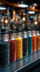 Vibrant colorful beads in glass jars arranged in row on dark counter with warm blurred restaurant or craft workshop lighting in background