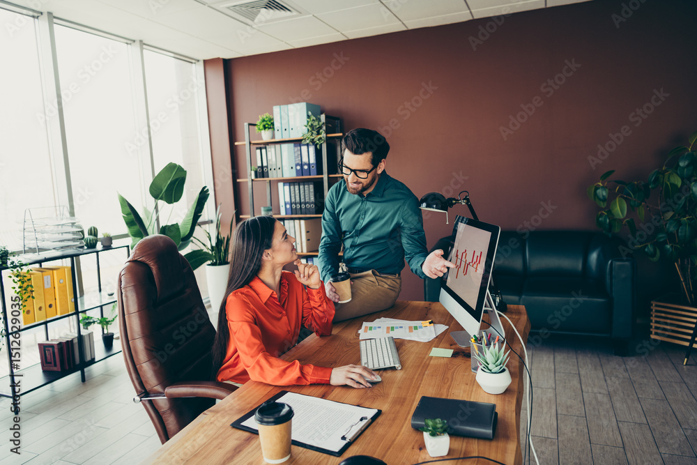 Poster two business professionals collaborating on a project in a modern office environment with teamwork a