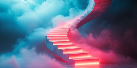 Minimalistic rainbow staircase ascending through clouds with vibrant pink, red, and blue hues in a surreal sky setting