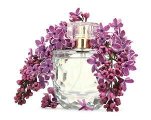 Bottle of luxury perfume and lilac flowers isolated on white